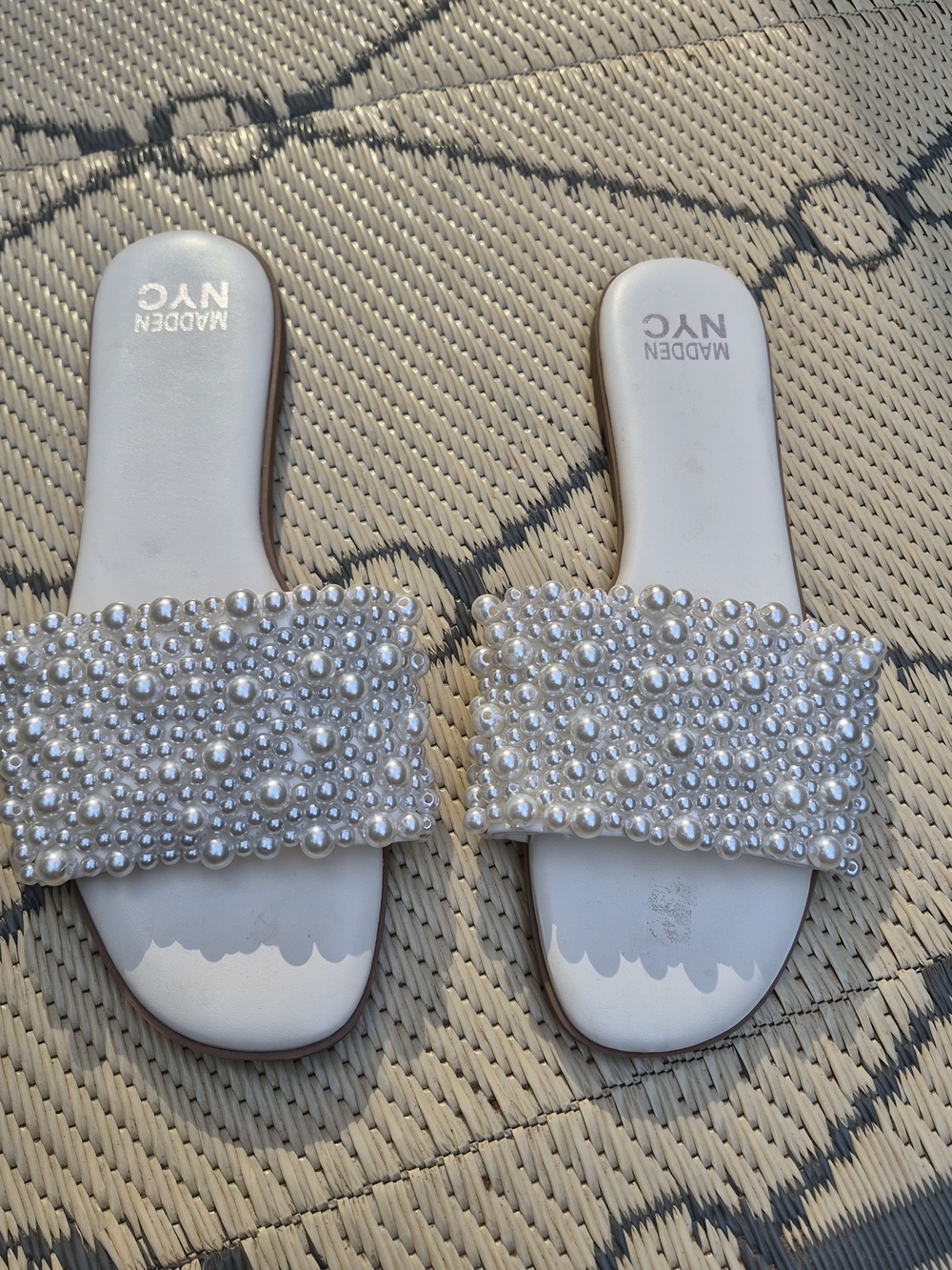 Madden NYC Women's White Pearl-Embellished Slide Sandals